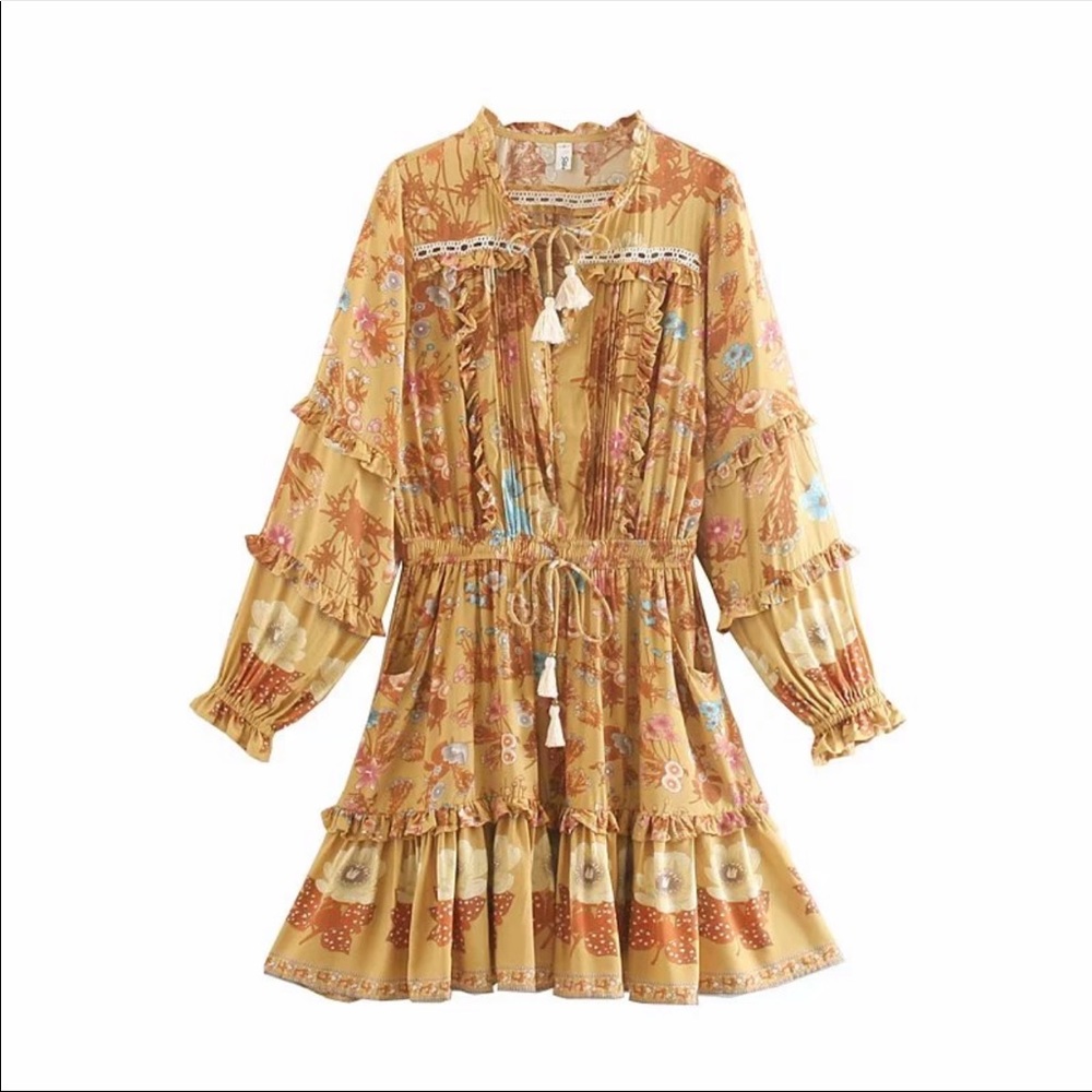 Boho 60’s Floral Gypsy Print Ruffle Dress Yellow - Picture 6 of 12